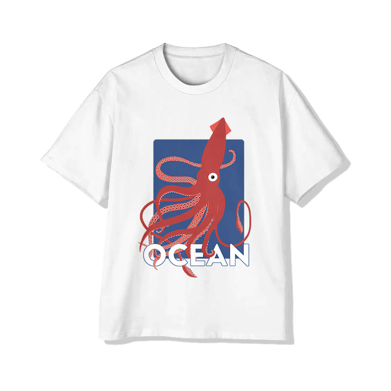 Unisex Japanese Ocean Squid Art Pattern Pattern Cotton Print T-shirt - White - US20-22(3XL) - image 1