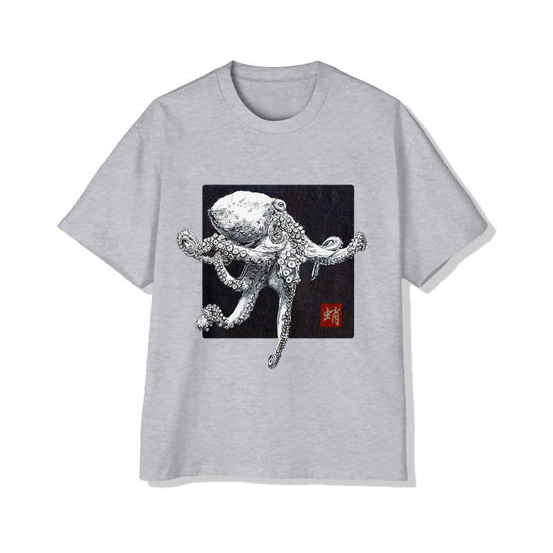 Unisex Japanese Sketch Style Octopus Art Pattern Cotton Print T-shirt - Grey - US20-22(3XL) - image 3