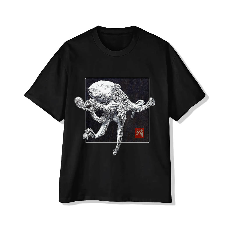 Unisex Japanese Sketch Style Octopus Art Pattern Cotton Print T-shirt - Black - US20-22(3XL) - image 2