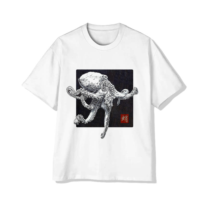Unisex Japanese Sketch Style Octopus Art Pattern Cotton Print T-shirt - White - US20-22(3XL) - image 1