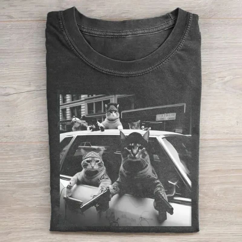 Vintage Cool Cat With Guns Print Acid Washed T-shirt - Black - US20-22(3XL) - image 1