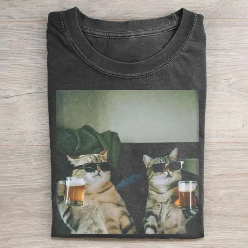 Vintage Cool Cats Drinking Beer Print Acid Washed T-shirt - Black - US20-22(3XL) - image 1