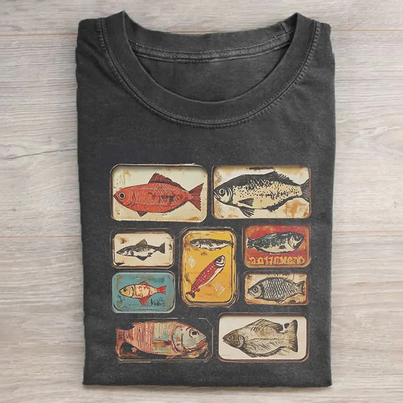 Vintage Canned Fish Print Acid Washed T-shirt - Black - US20-22(3XL) - image 1