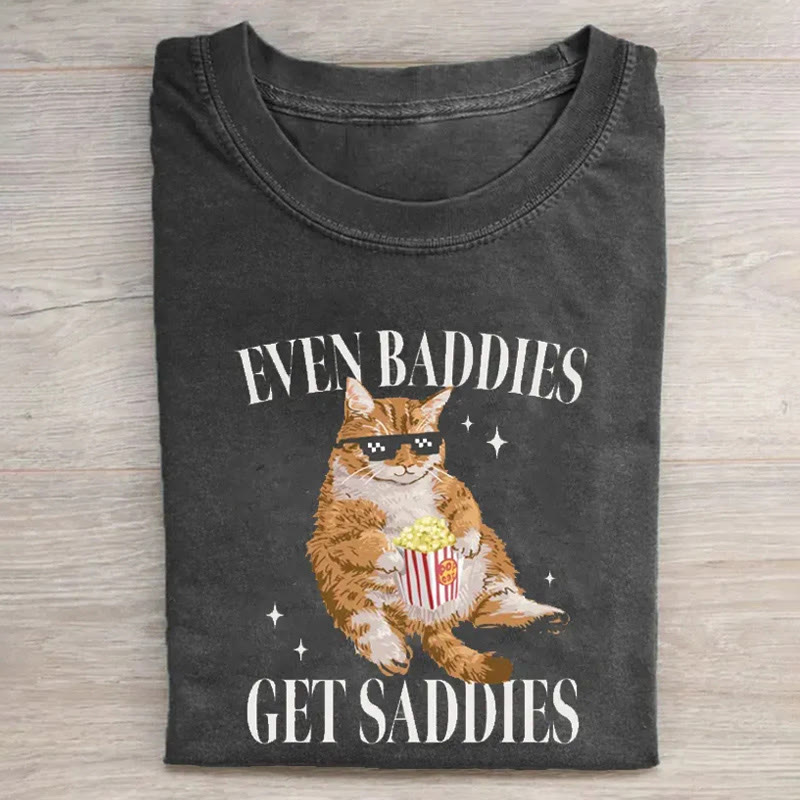 Vintage Cat Eating Popcorn Print Acid Washed T-shirt - Black - US20-22(3XL) - image 1