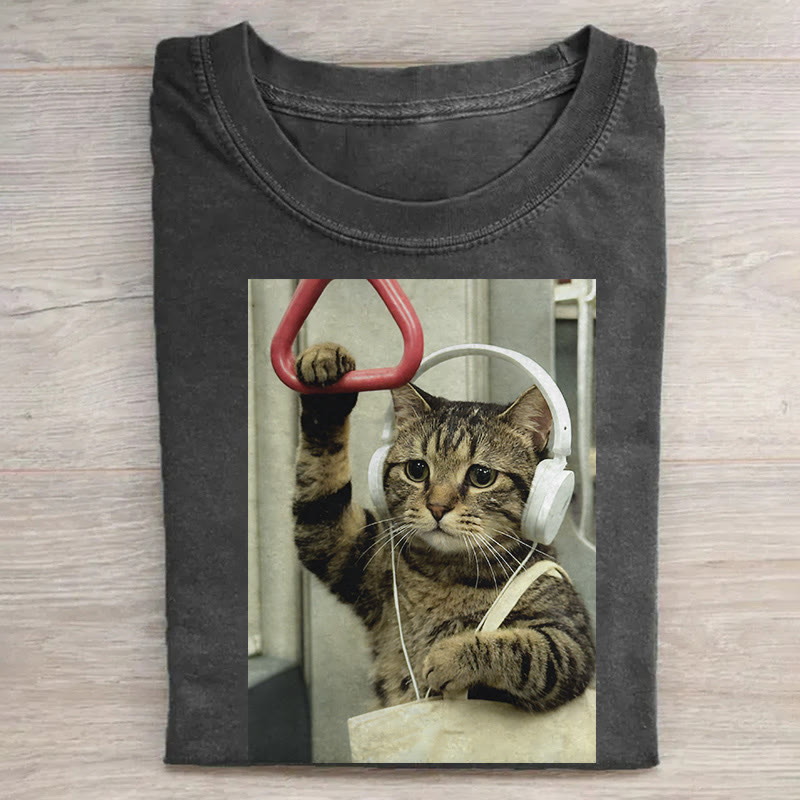 Vintage Tabby Cat Wearing Headphones Print Acid Washed T-shirt - Black - US20-22(3XL) - image 1