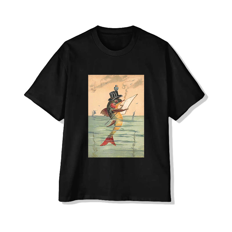 Unisex Vintage Surreal Fish Art Graphic Print Short Sleeved Crew Neck T-shirt - Black - 2XL - image 2