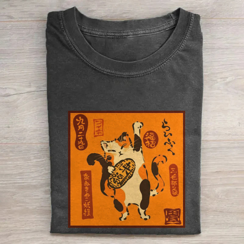 Japanese Traditional New Year Lucky Cat Print Acid Washed T-shirt - Black - US20-22(3XL) - image 1