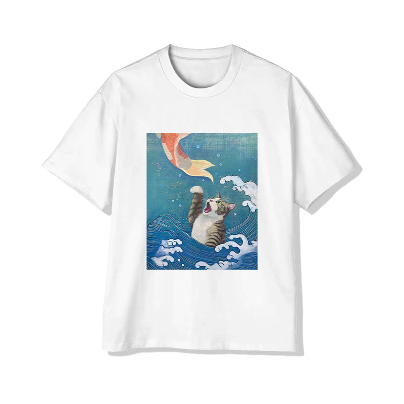Unisex Vintage Wave Cat Print Short Sleeved Crew Neck T-shirt - White - 2XL - image 1