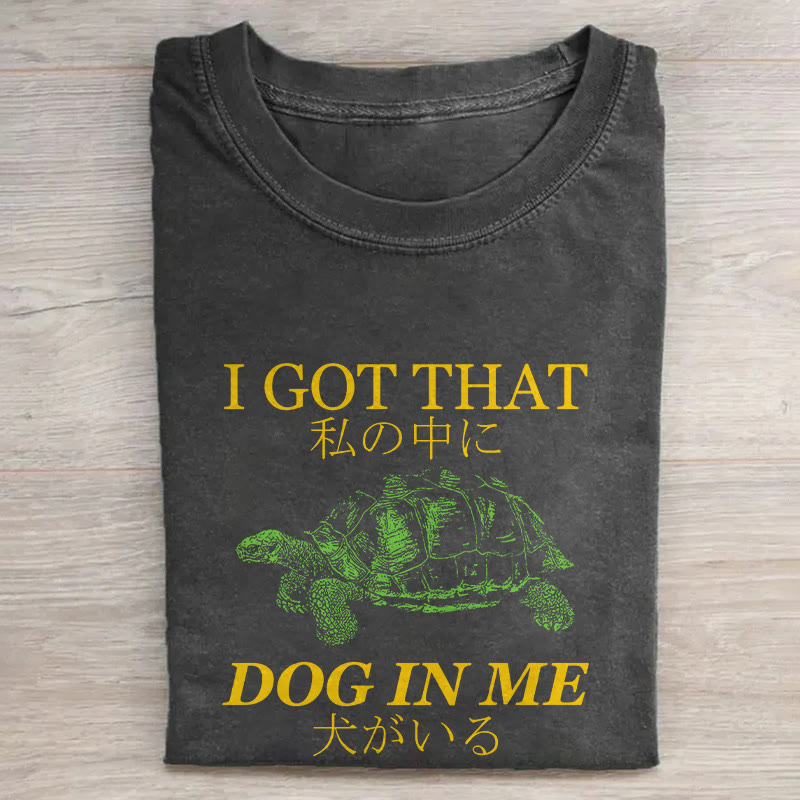 Japanese Turtle I Got That Dog In Me Print Acid Washed T-shirt - Black - US20-22(3XL) - image 1