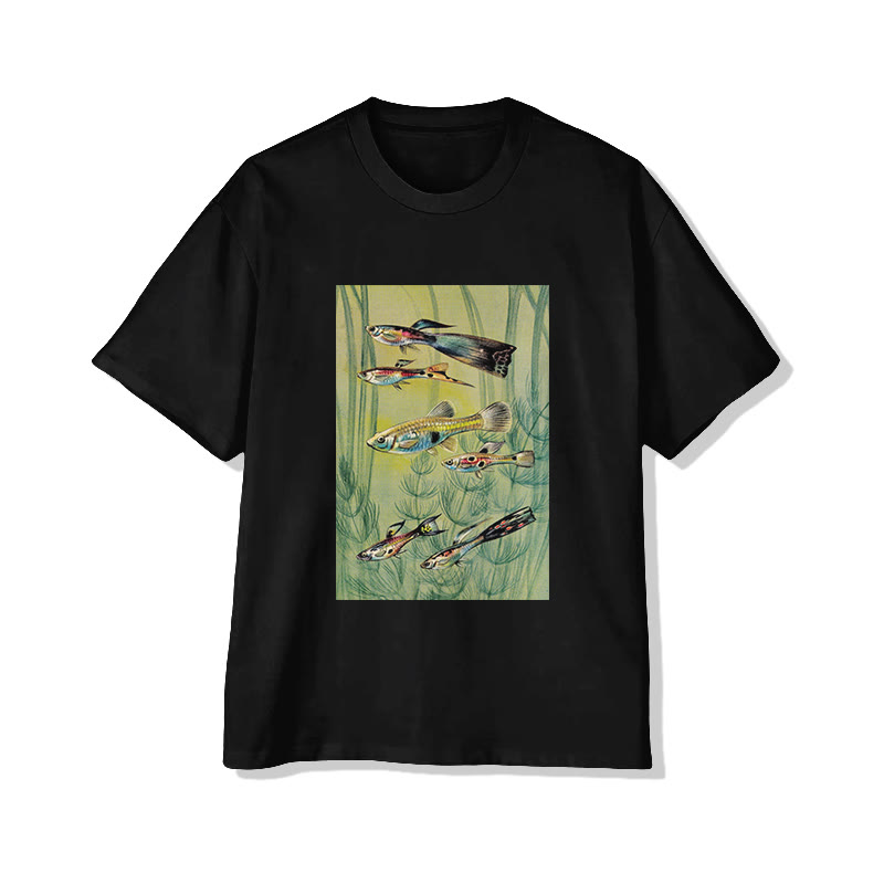 Unisex Retro Illustration Fish Print Short Sleeved Crew Neck T-shirt - Black - 2XL - image 2