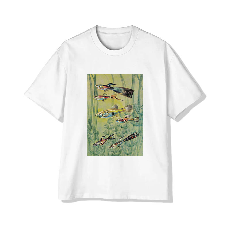 Unisex Retro Illustration Fish Print Short Sleeved Crew Neck T-shirt - White - 2XL - image 1