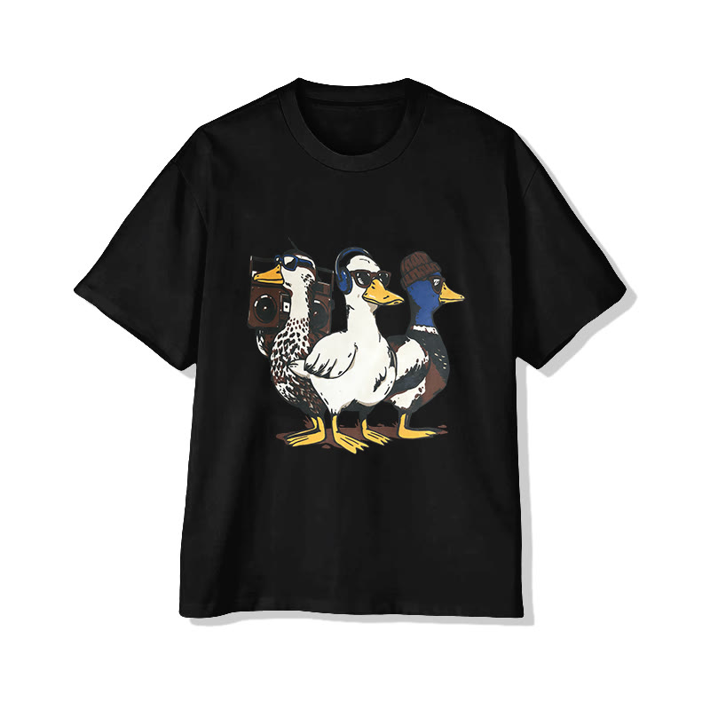 Unisex Funny Vintage Ducks Print Short Sleeved Crew Neck T-shirt - Black - 2XL - image 3
