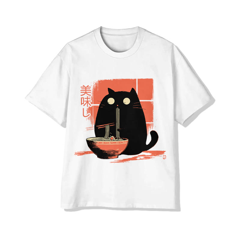 Unisex Black Cat Eating Ramen Print Short Sleeved Crew Neck T-shirt - White - 2XL - image 3