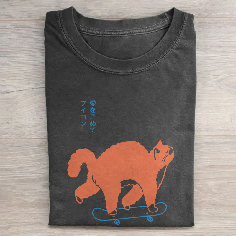 Japanese skateboard kitten pattern print Acid Washed T-shirt - Black - US20-22(3XL) - image 1