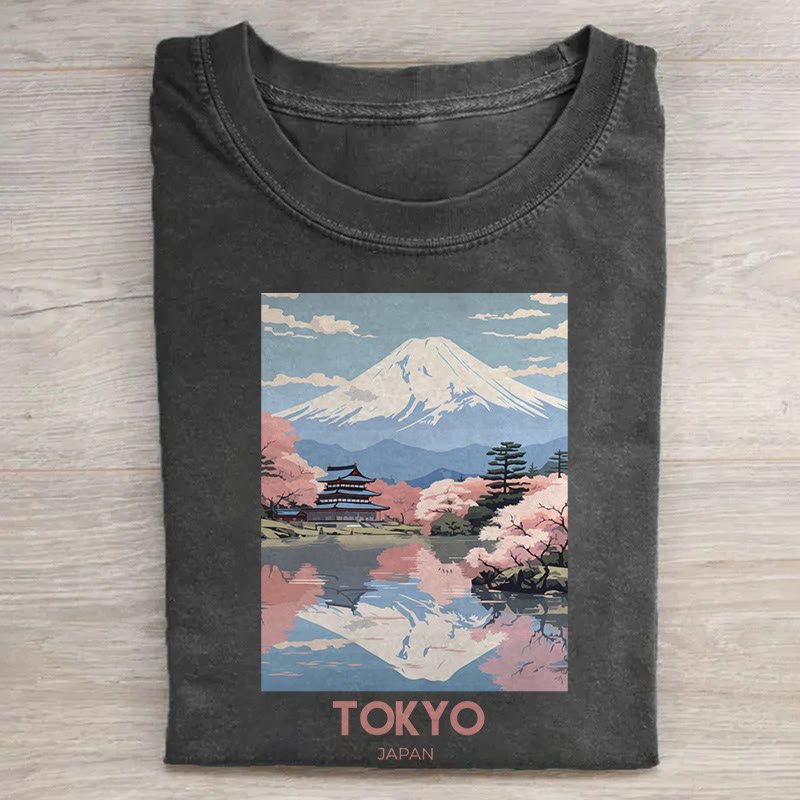 Japanese Kyoto Mount Fuji Cherry Blossom Pattern Print Acid Washed T-shirt - Black - US20-22(3XL) - image 1