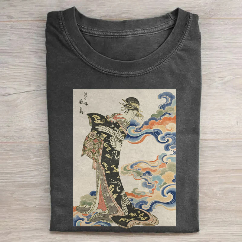 Japanese Retro Ukiyo-e Kimono Girl Pattern Print Acid Washed T-shirt - Black - US20-22(3XL) - image 1