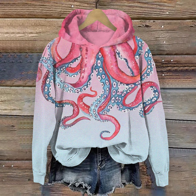 Unisex Ocean Gradient Octopus Tentacle Pattern Art Print Long Sleeved Hoodie - Light Pink - US44-46(8XL) - image 1