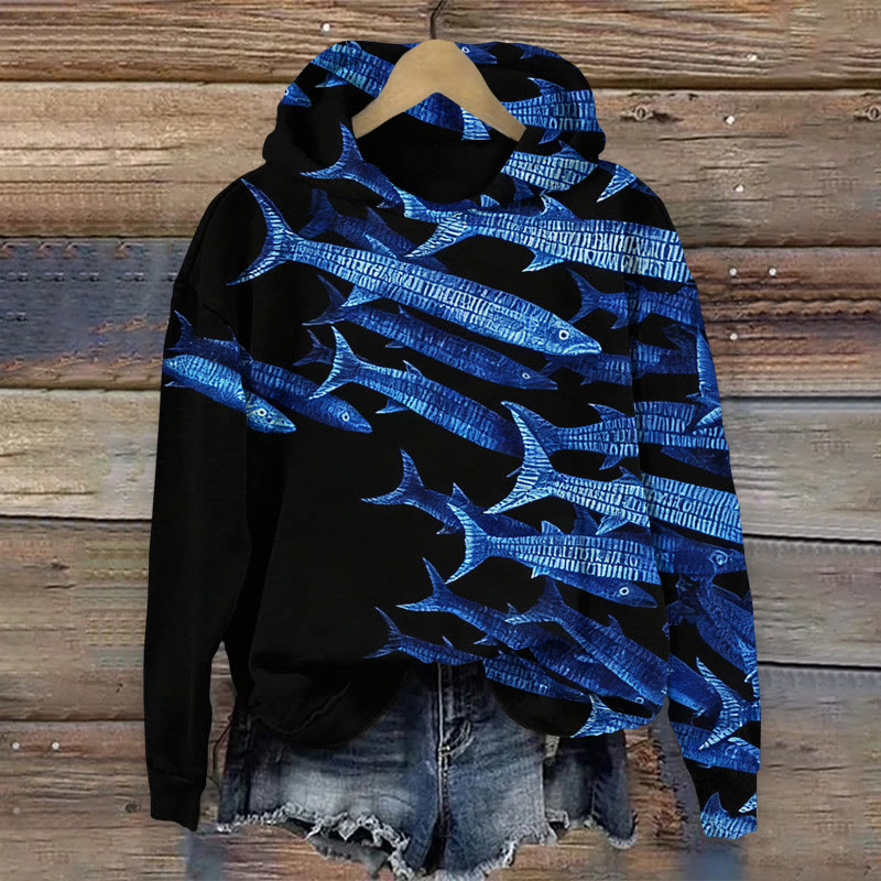 Unisex Japanese Woodblock Print Fish Pattern Art Print Long Sleeved Hoodie - Dark Blue - US44-46(8XL) - image 1