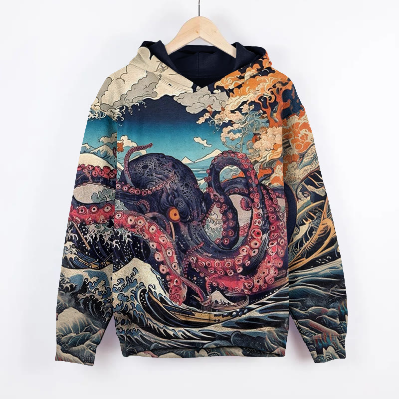 Unisex Japanese Ukiyo-e Angry Octopus Pattern Art Print Long Sleeved Hoodie - Black - US44-46(8XL) - image 1