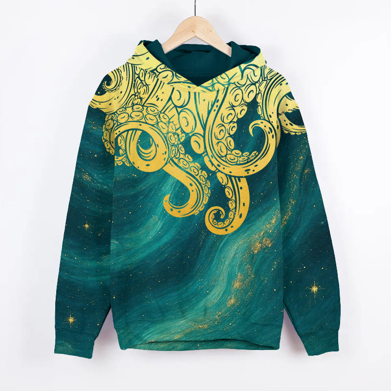 Unisex Japanese Aurora Octopus Tentacle Pattern Art Print Long Sleeved Hoodie - Golden - US44-46(8XL) - image 1