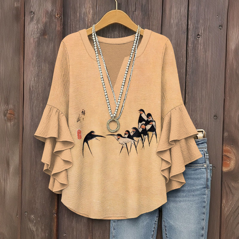 Vintage Swallow In Line Print V-neck Half Sleeve Blouse - Yellow - 5XL - image 1