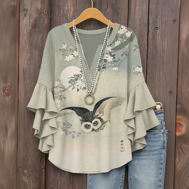 Vintage Flying Owl & Floral Print V-neck Half Sleeve Blouse - Green - 5XL - image 1