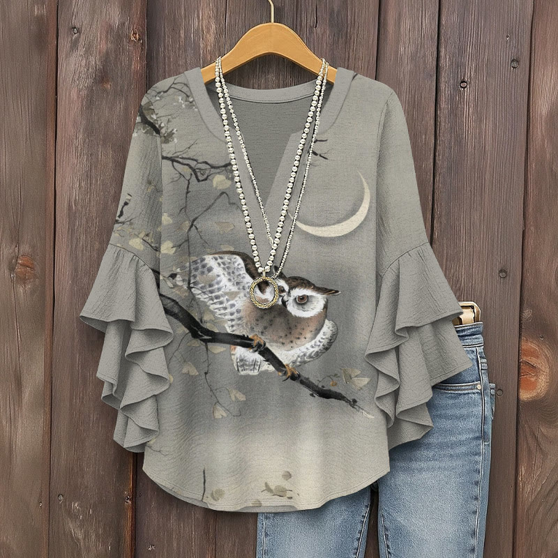 Vintage Owl & Moonlight Print V-neck Half Sleeve Blouse - Grey - 5XL - image 1