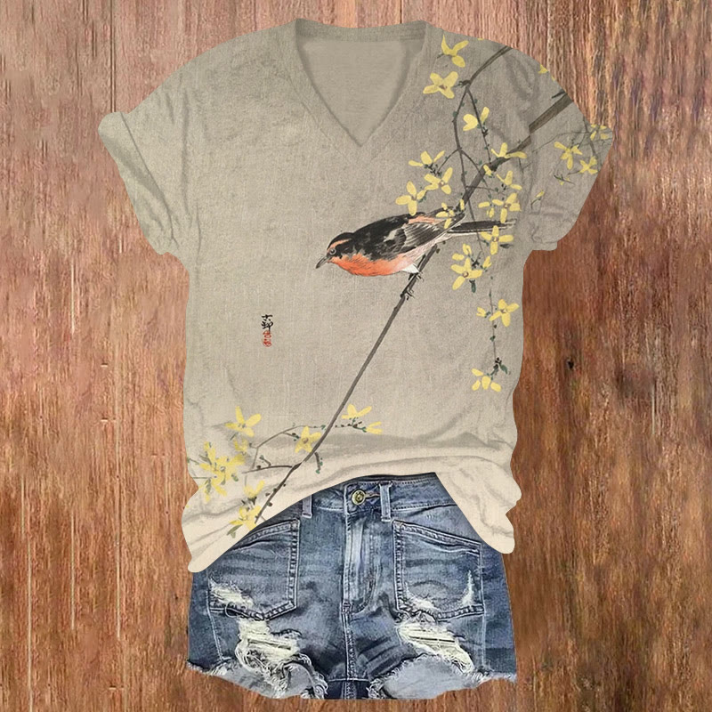 Japanese Retro Floral Bird Art Patterns Print Short Sleeved V-neck T-shirt - Apricot - US32-34(5XL) - image 1