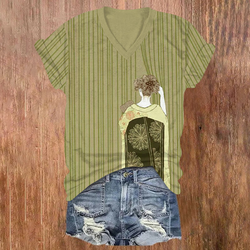 Japanese Vintage Ukiyo-e Kimono Girl Art Pattern Print Short Sleeved V-neck T-shirt - Green - US32-34(5XL) - image 1
