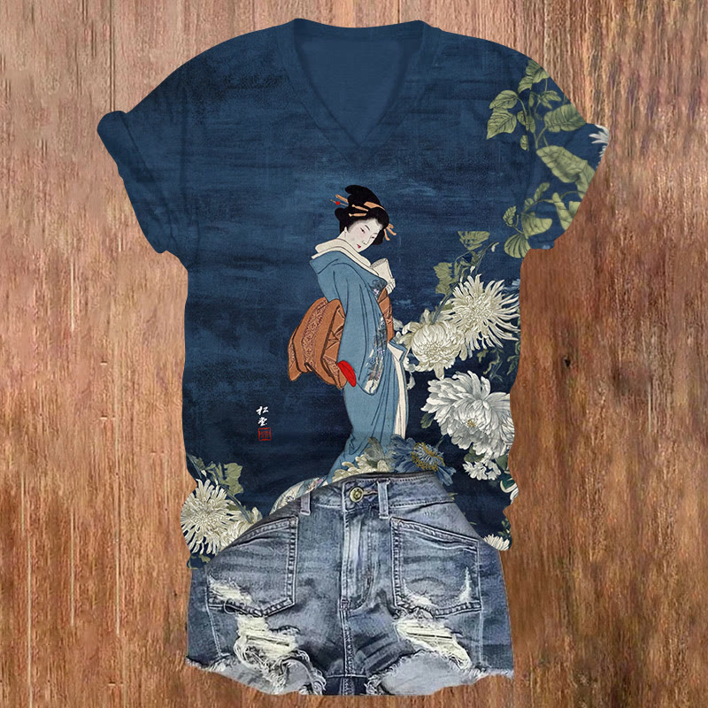  Japanese Vintage Ukiyo-e Chrysanthemum Kimono Girl Art Pattern Print Short Sleeved V-neck T-shirt - Blue - US32-34(5XL) - image 1