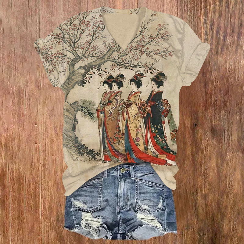 Japanese Vintage Ukiyo-e Kimono Girls Art Pattern Pattern Print Short Sleeved V-neck T-shirt - Apricot - US32-34(5XL) - image 1