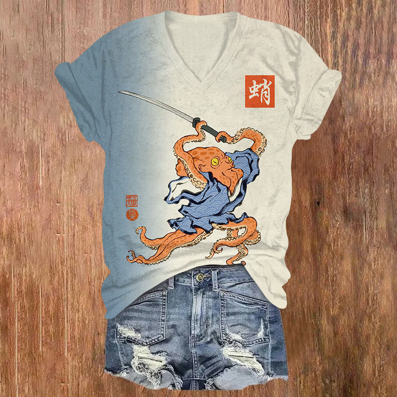 Japanese Ukiyo-e Samurai Octopus Art Pattern Print Short Sleeved V-neck T-shirt - Light Blue - US32-34(5XL) - image 1