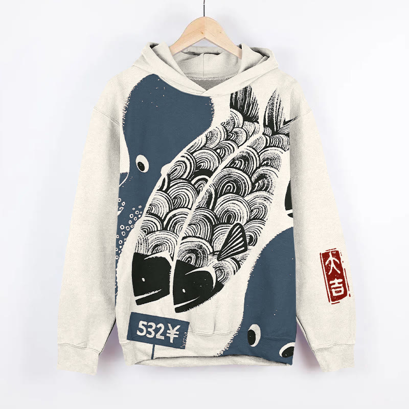Unisex Japanese Retro Octopus Art Pattern Print Long Sleeved Hoodie - Blue - US44-46(8XL) - image 2
