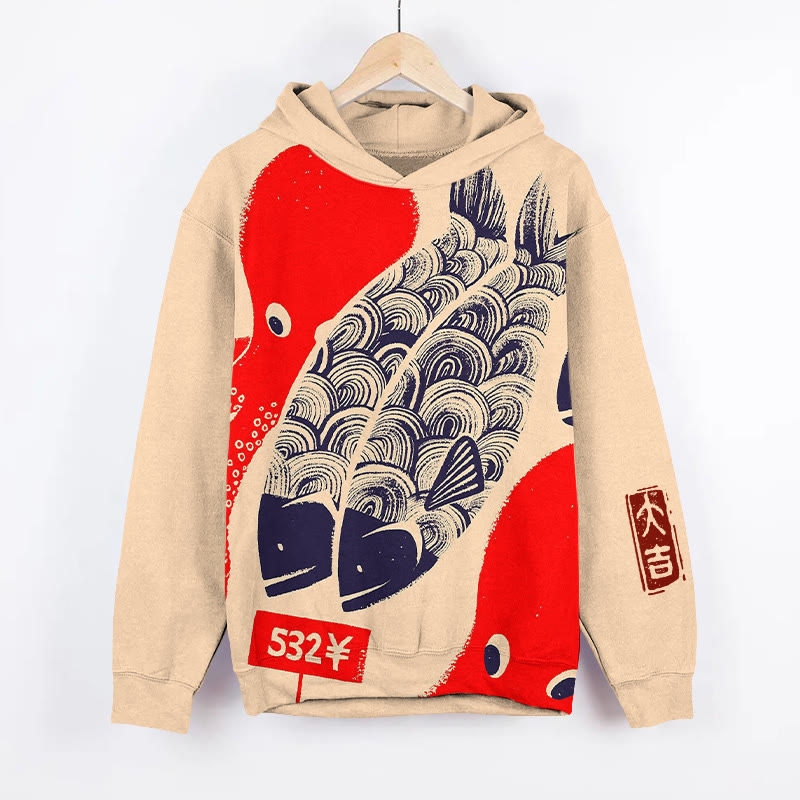 Unisex Japanese Retro Octopus Art Pattern Print Long Sleeved Hoodie - Red - US44-46(8XL) - image 1