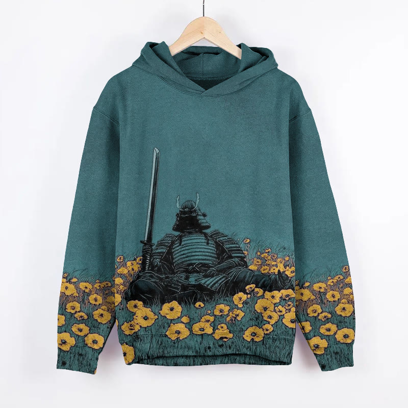 Unisex Japanese Samurai Armor With Wildflower Art Pattern Print Long Sleeved Hoodie - Green - US44-46(8XL) - image 2