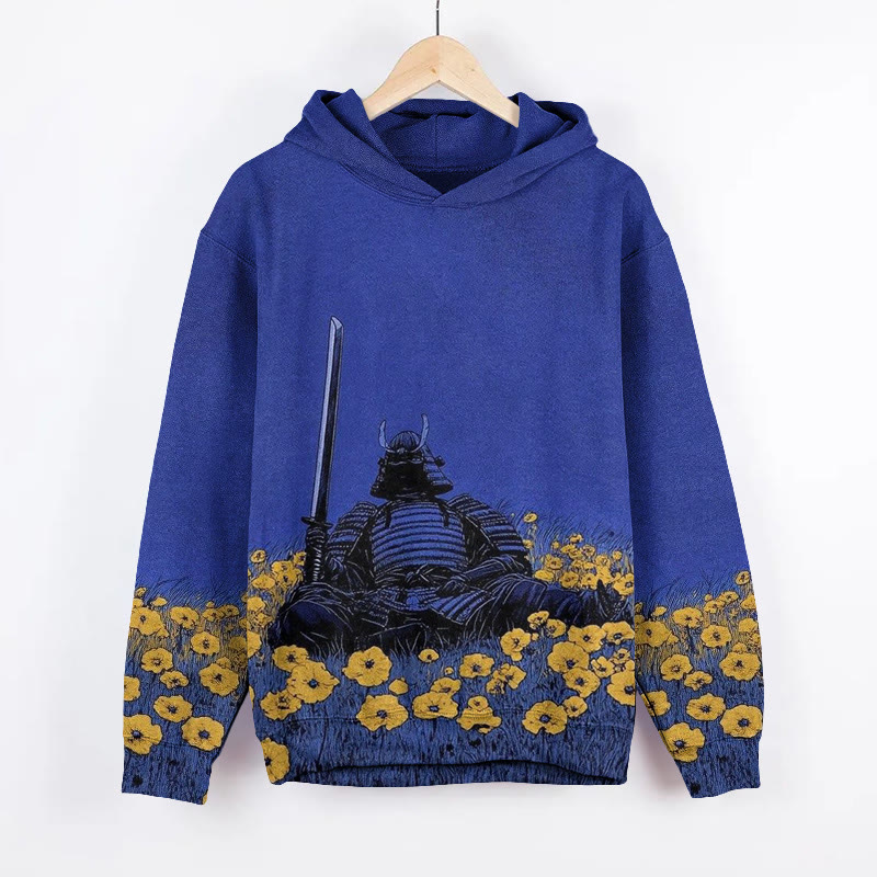 Unisex Japanese Samurai Armor With Wildflower Art Pattern Print Long Sleeved Hoodie - Blue - US44-46(8XL) - image 1