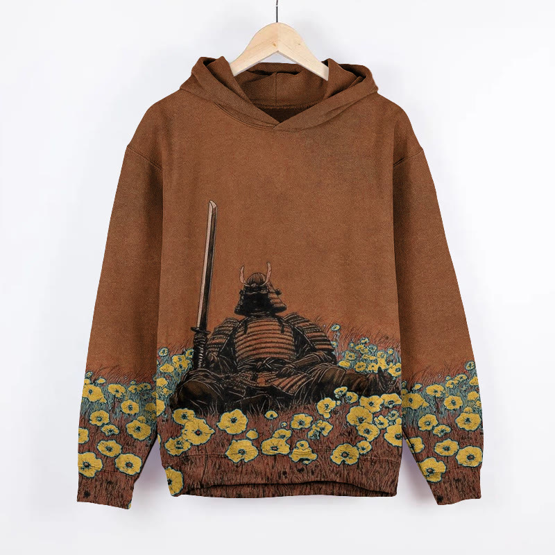 Unisex Japanese Samurai Armor With Wildflower Art Pattern Print Long Sleeved Hoodie - Orange - US44-46(8XL) - image 3