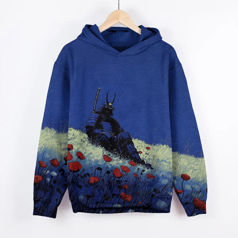 Unisex Japanese Hillside Samurai Warrior Art Pattern Print Long Sleeved Hoodie - Blue - US44-46(8XL) - image 1