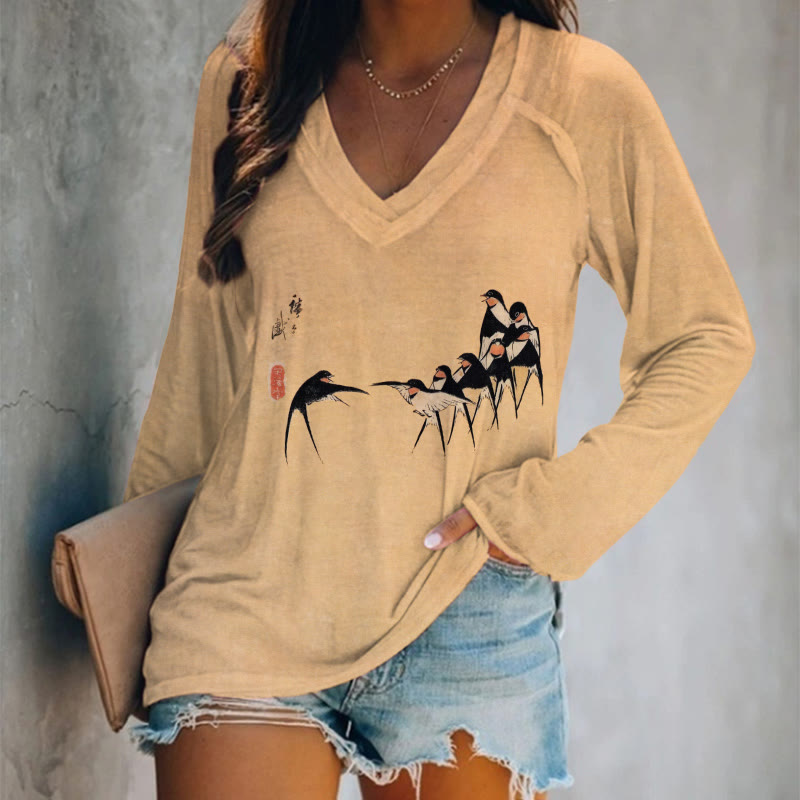 Vintage Swallow In Line Art Print Long Sleeve T-shirt - Yellow - 5XL - image 1