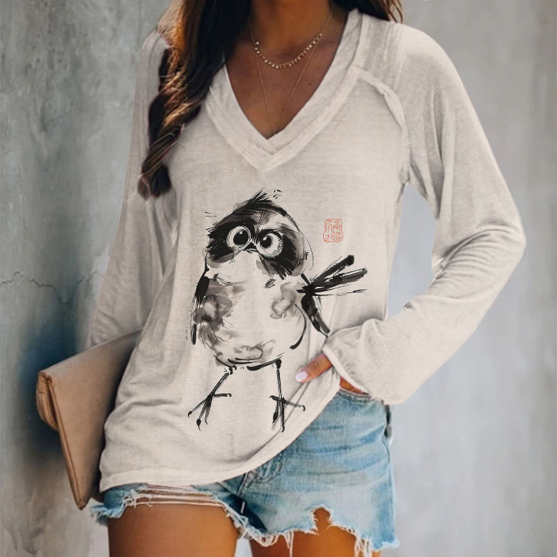 Japanese Ink Watercolor Bird Art Print Long Sleeve T-shirt - Apricot - 5XL - image 1