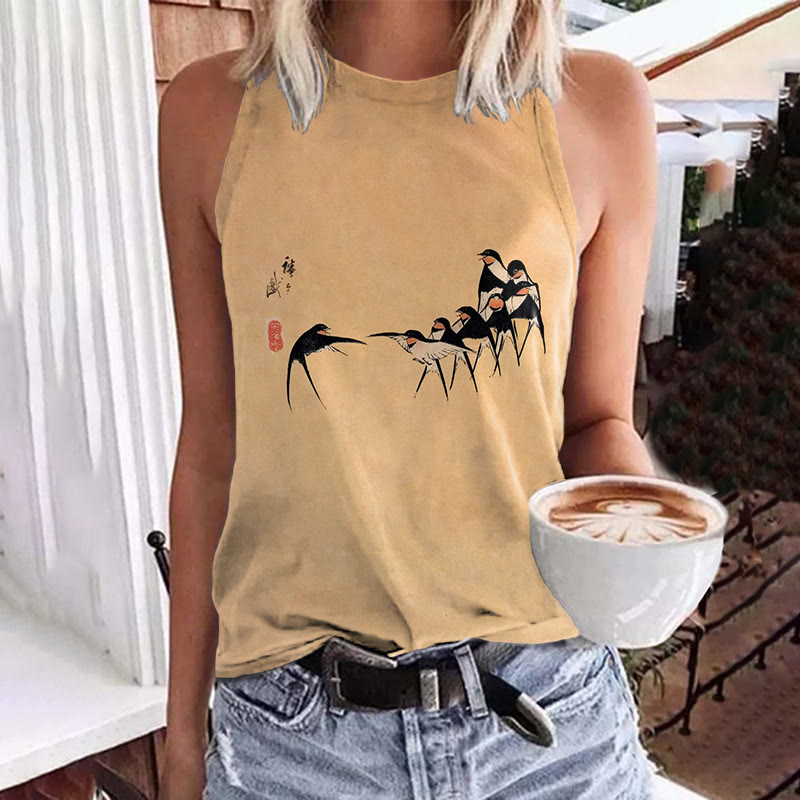 Vintage Swallow In Line Art Print Crew Neck Tank Top - Yellow - 5XL - image 1