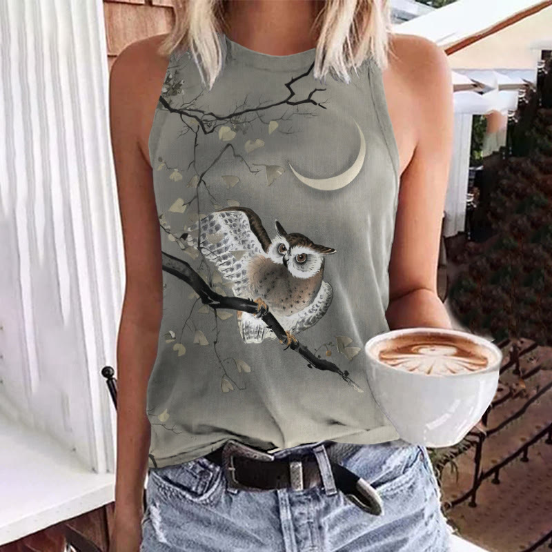 Vintage Owl & Moonlight Art Print Crew Neck Tank Top - Grey - 5XL - image 1