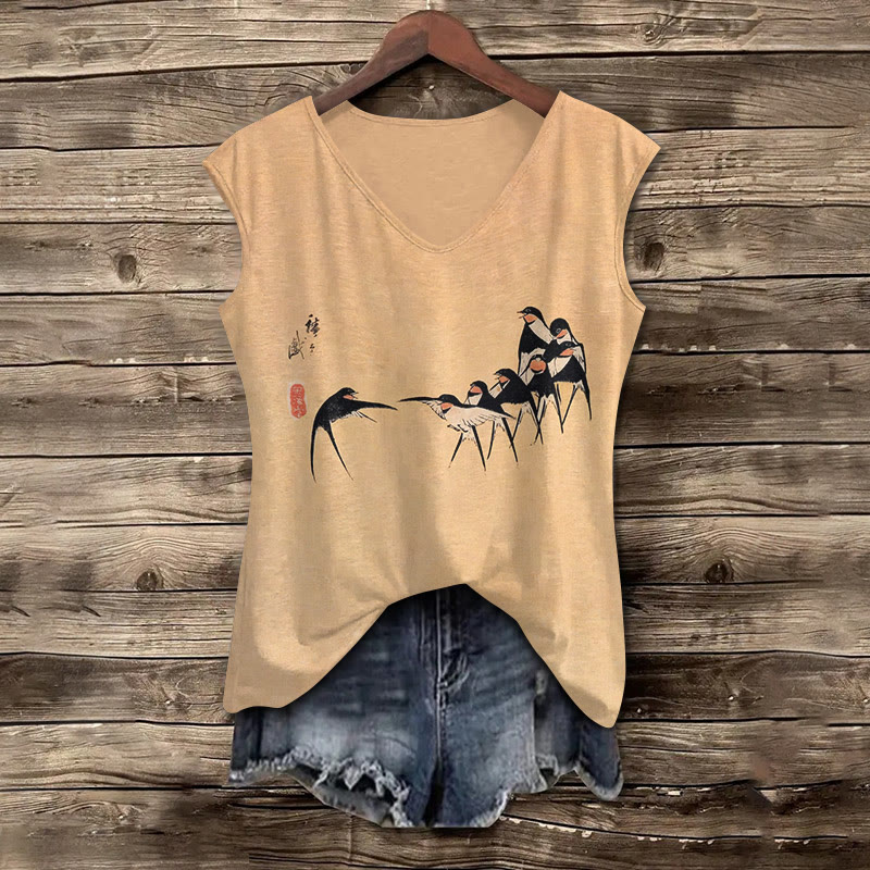 Vintage Swallow In Line Print V-neck Tank Top - Yellow - 5XL - image 1
