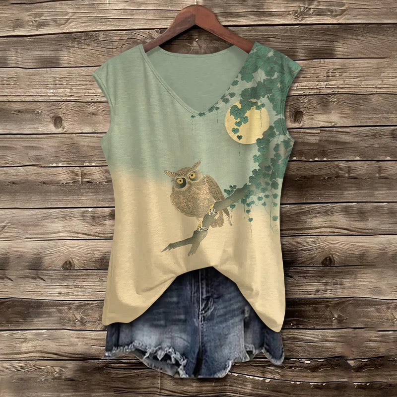 Funny Owl On The Branch Print V-neck Tank Top - Green - 5XL - image 1