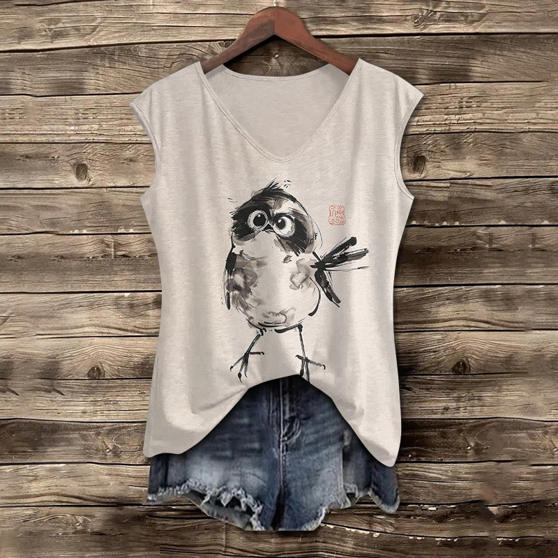 Japanese Ink Watercolor Bird Print V-neck Tank Top - Grey - 5XL - image 1