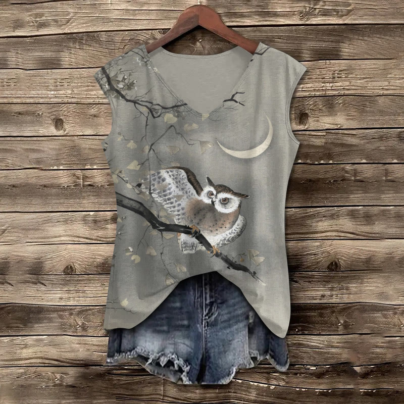 Vintage Owl & Moonlight Print V-neck Tank Top - Grey - 5XL - image 1