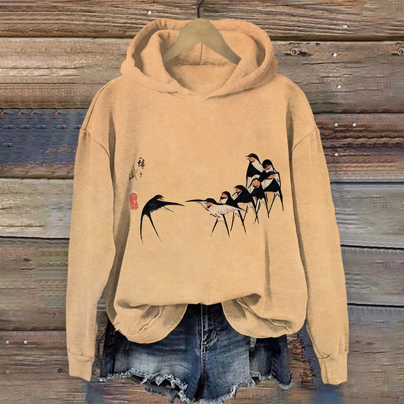 Vintage Swallow In Line Art Print Long Sleeved Hoodie - Yellow - US44-46(8XL) - image 1