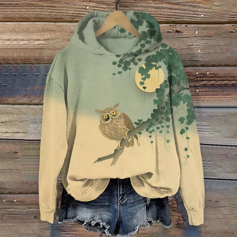 Funny Owl On The Branch Art Print Long Sleeved Hoodie - Apricot - US44-46(8XL) - image 1