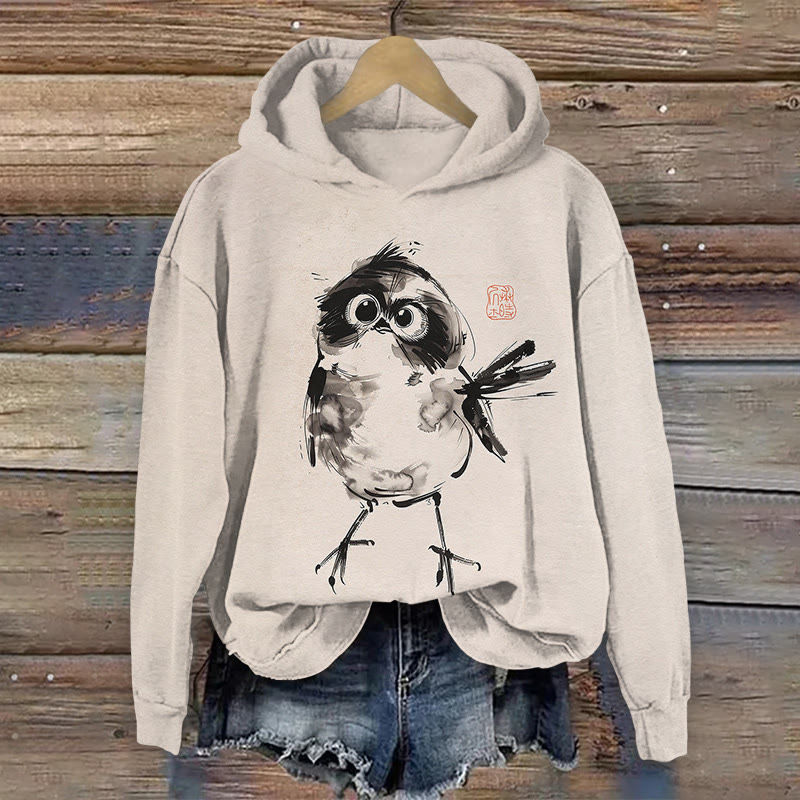Japanese Ink Watercolor Bird Art Print Long Sleeved Hoodie - Apricot - US44-46(8XL) - image 1