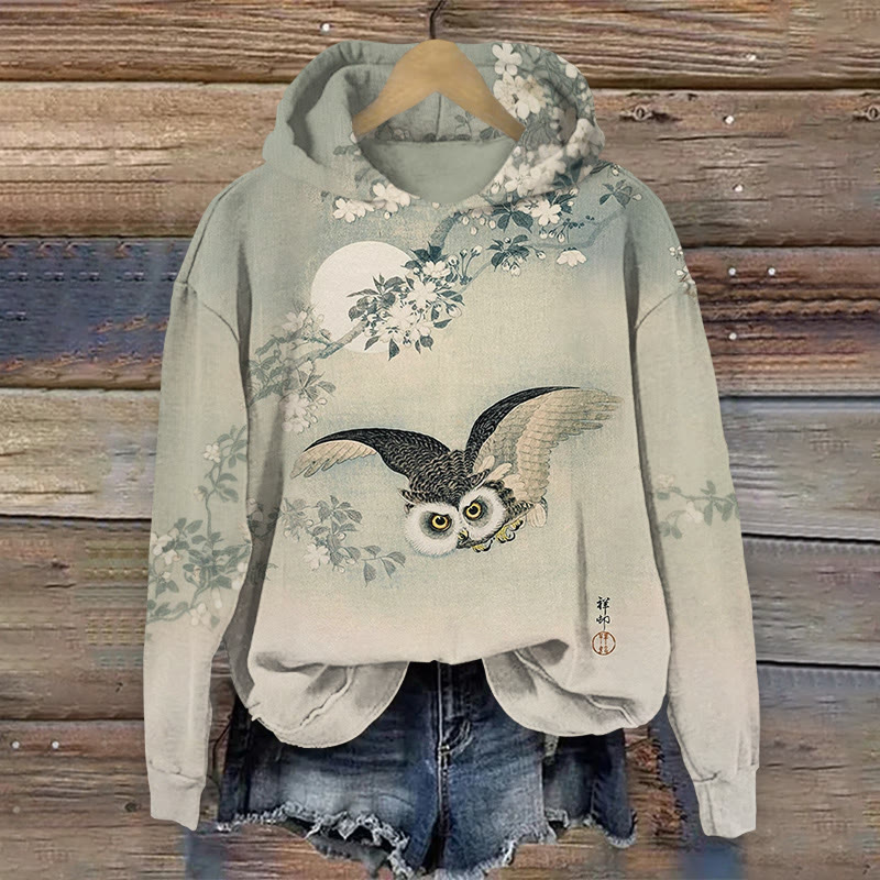 Vintage Flying Owl & Floral Art Print Long Sleeved Hoodie - Apricot - US44-46(8XL) - image 1